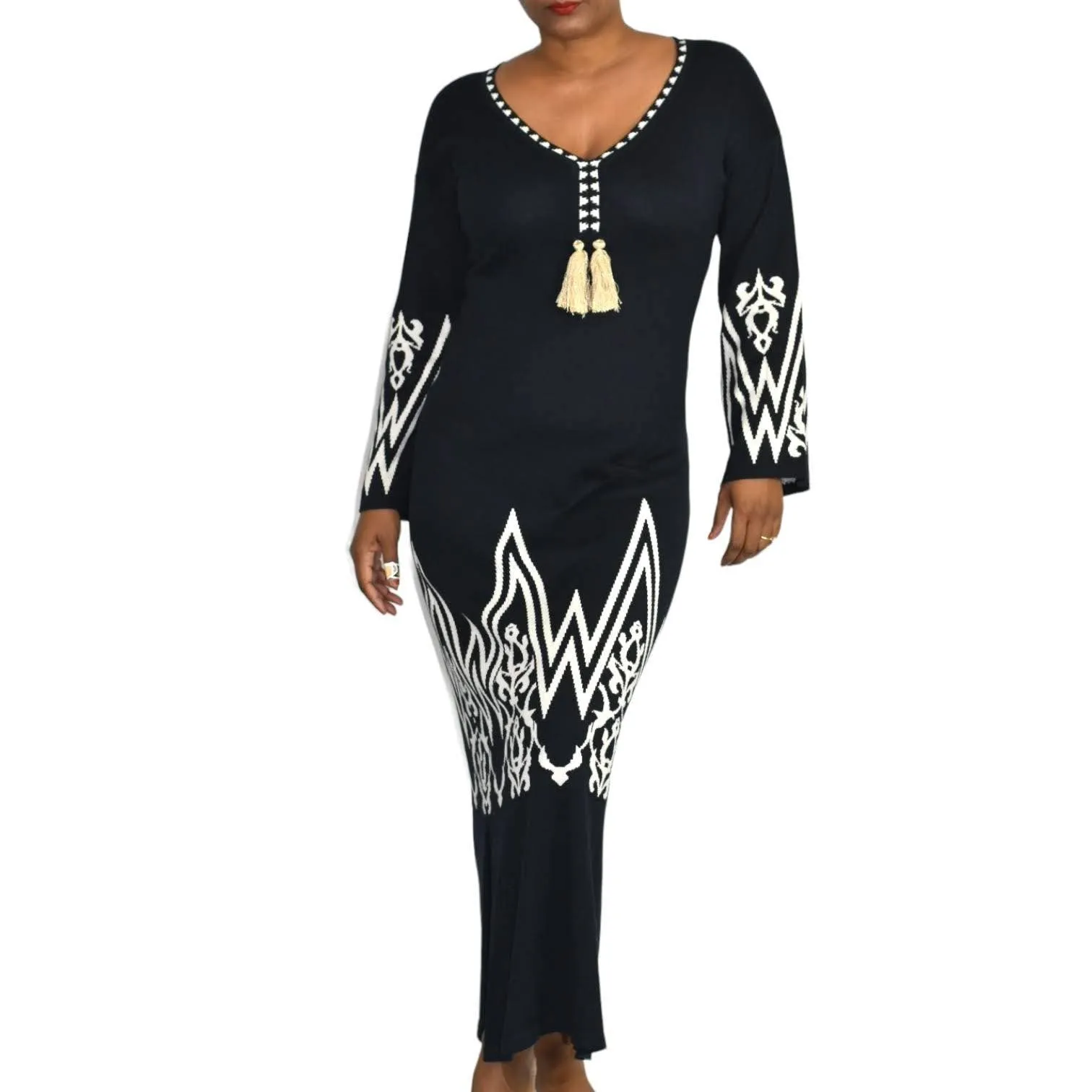 Aggel Knitwear Sweater Dress Maxi Black Monochromatic Caftan Tunic Side Slits Size Small