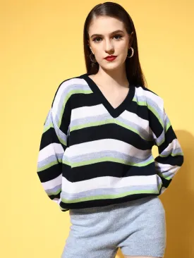 Berrylush Women Multicolour Striped Pattern V-Neck Acrylic Straight Hem Pullover Sweater