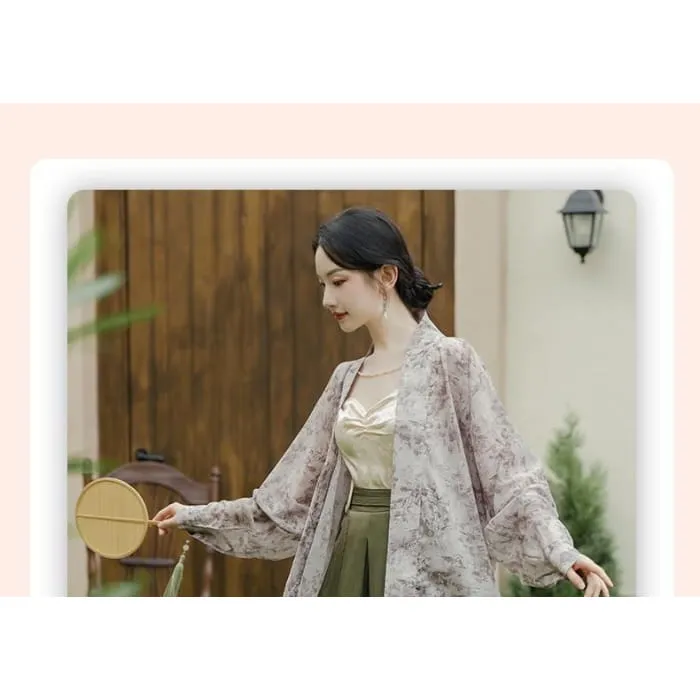 Floral Cami Top / High Waist Plain Culottes / Open Front Light Jacket / Set