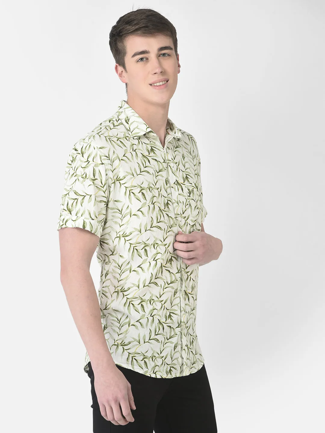 Green Half-Sleeved Floral Shirt