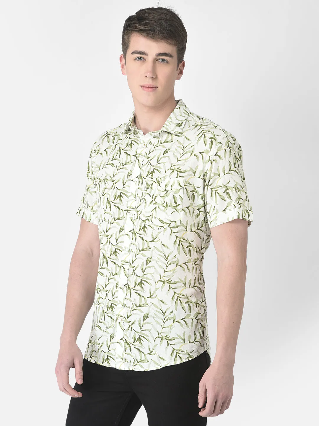 Green Half-Sleeved Floral Shirt