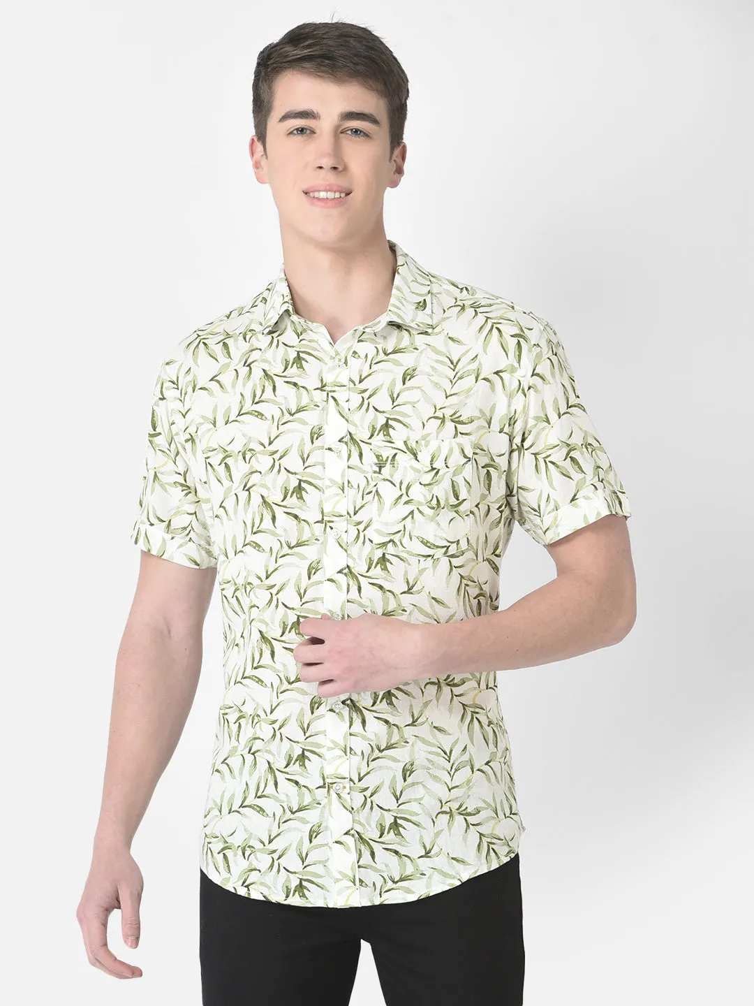 Green Half-Sleeved Floral Shirt