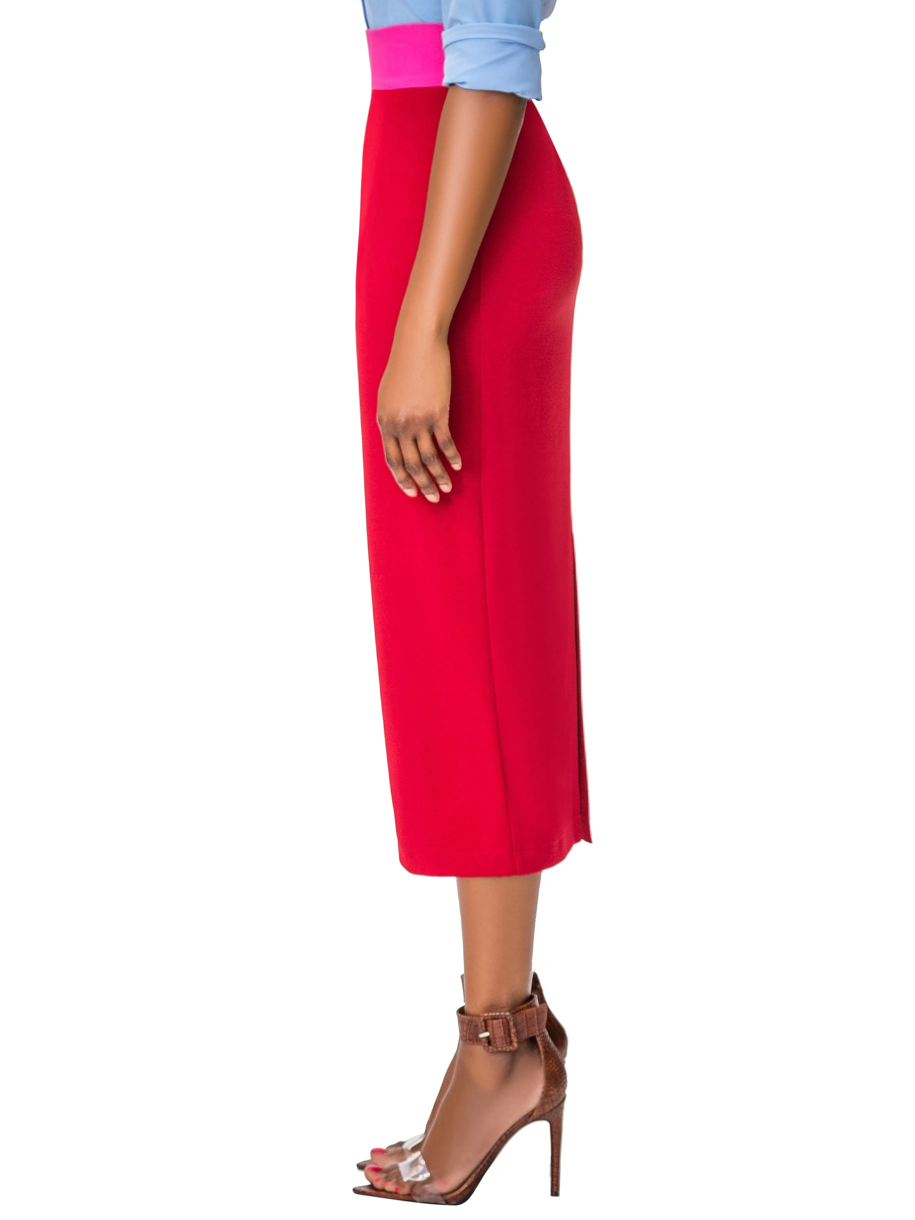 "Avonda" Red/Magenta Contrast Waist Pencil Skirt