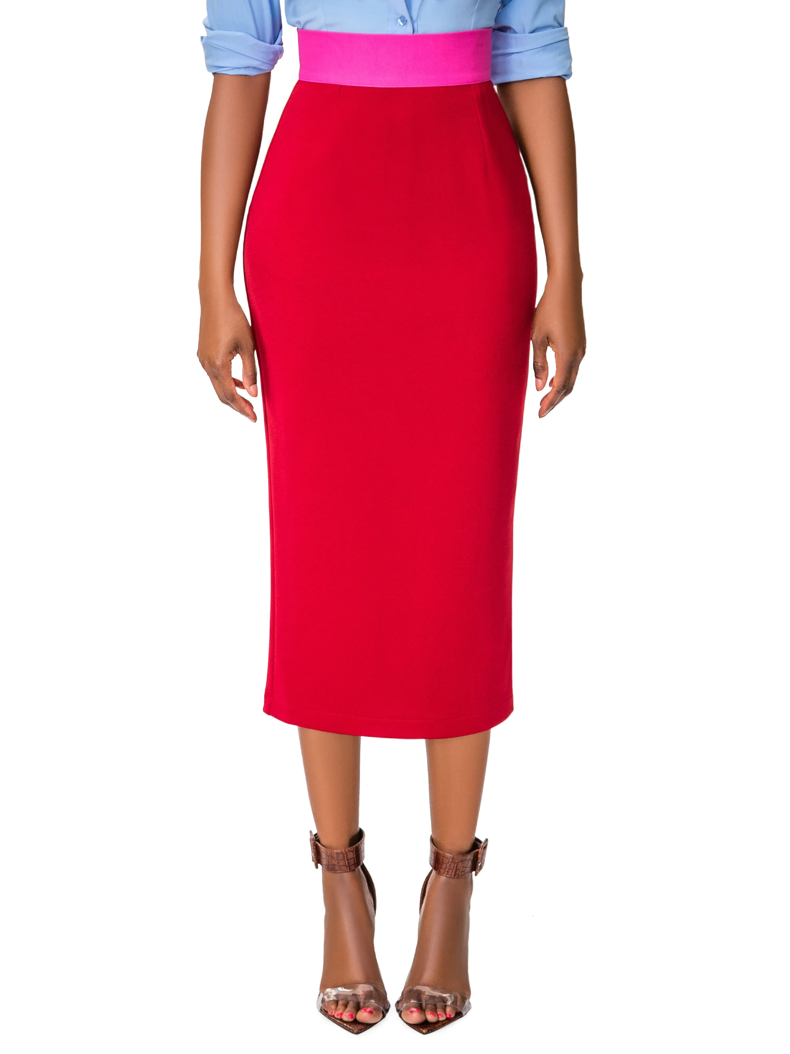"Avonda" Red/Magenta Contrast Waist Pencil Skirt