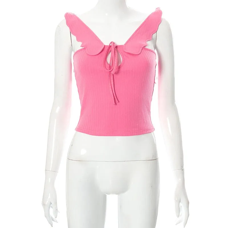Sonicelife  Sifreyr Wings Cyber Y2k Crop Top Women Sleeveless Rib Knitted Kawaii Grunge Tank Tops Solid Lace Up Cute Mini Vest Camis 2000S