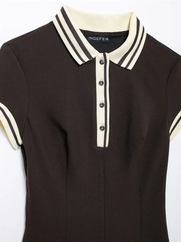 Trendy Contrast Henley Collar Drop Waist Mini Dress