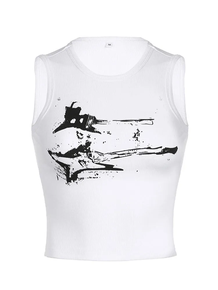 Wenkouban-Guitar Print Sleeveless Tank Top Y2K Casual Ribbed Women Grunge Crop Top Harajuku Fashion Vest Tee 90s Street Outfits