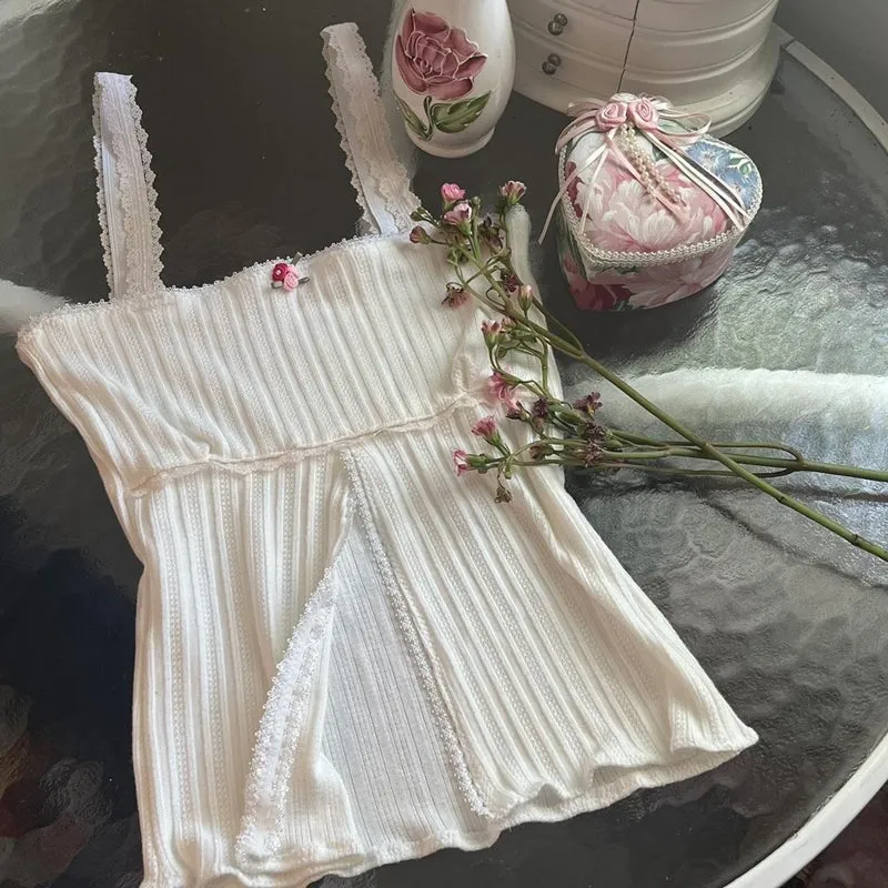 Wenkouban-y2k outfits retro design Chic Cute 2 Piece Set Y2K Fairy Coquette Lace Trim Crop Tops   Shorts 00s Retro Grunge Milkmaid Vest Tops Vintage Camis Outfit