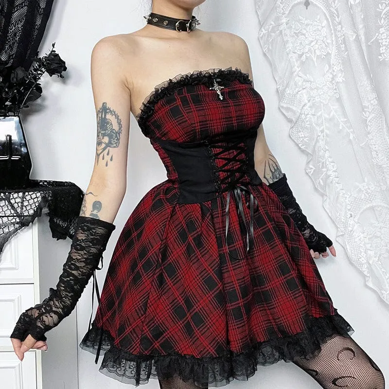 Women's Grunge Off-Shoulder Lace Splice Plaid Dress