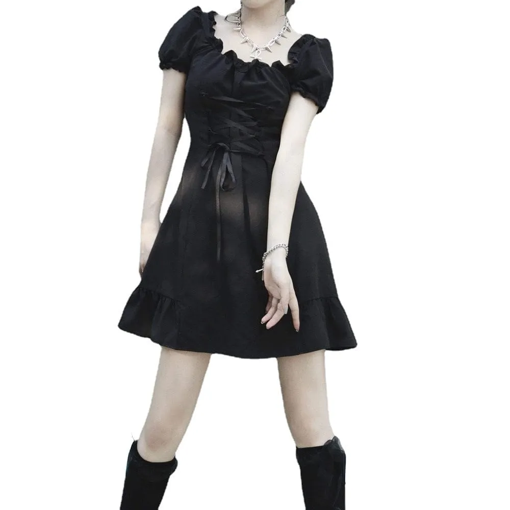Women's Grunge Puff Sleeve Lace-up JK Black Dress