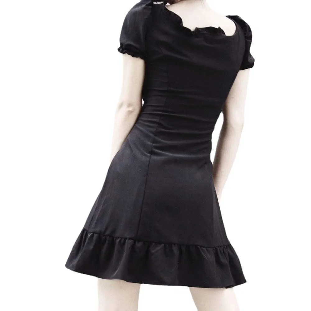 Women's Grunge Puff Sleeve Lace-up JK Black Dress