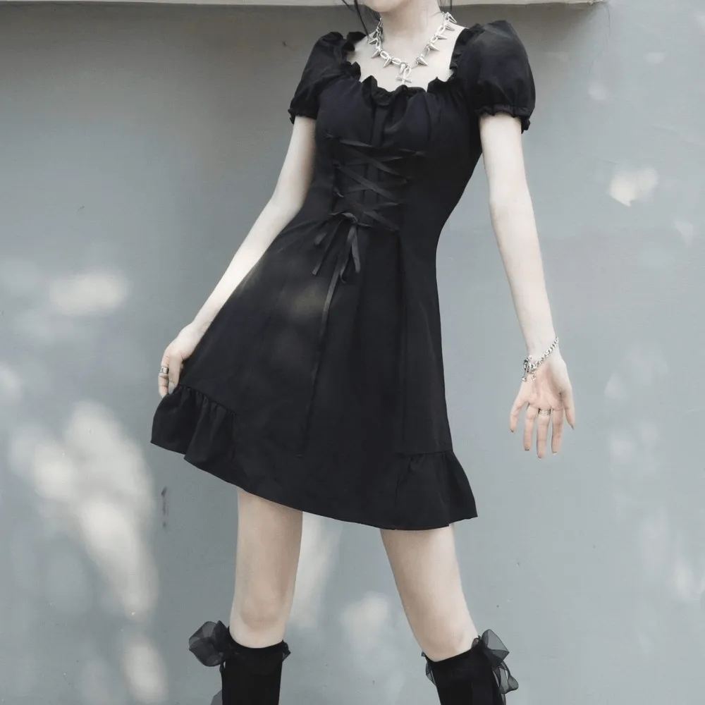 Women's Grunge Puff Sleeve Lace-up JK Black Dress