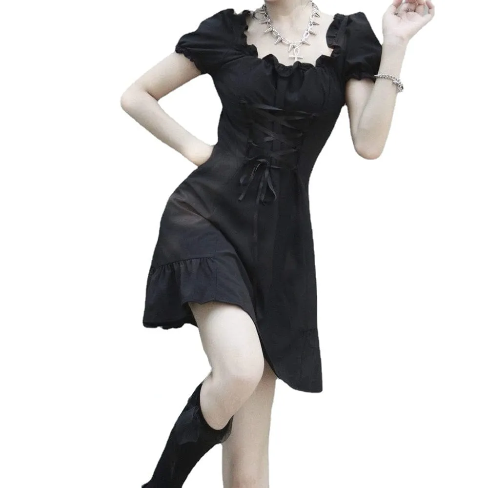 Women's Grunge Puff Sleeve Lace-up JK Black Dress